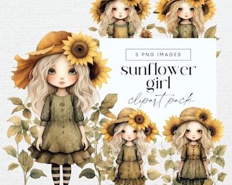 Sunflower Girl Clipart, Transparent PNG, Sunflower Doll Clip Art Pack, Botanical Junk Journal, Floral Ephemera, Bright Flower Illustrations