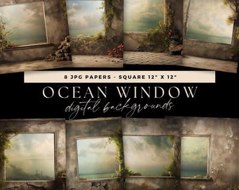 Ozean-Thema Backdrop, Fensterhintergrund Küstenfoto-Overlay, Digital Studio Textur, Virtueller Raum Landschaft, Meerlandschaft, Junk Journal