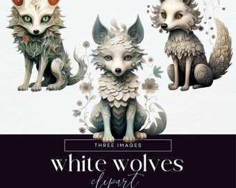 Märchen Wolf Clipart, Weiße Wölfe Clip Art, PNG, Wald Illustrationen, Märchen Junk Journal Grafiken, Fantasy Tier Ephemera