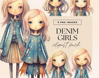 Fall Girl Clipart Pack, Transparent, Denim Autumn Girls Illustration, Fashion Doll Clip Art, Pretty Girls, Cozy Warm Character, Junk Journal