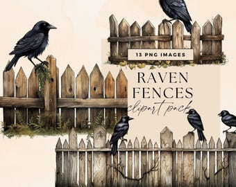 Grillige raven clipartbundel, transparante png, gotische merelkunst, Goth Crows on Street Fence illustraties, Junk Journal Garend efemere verschijnselen