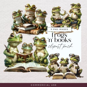 Frog and Books Clip Art Pack, Reading Clipart Bundle, Books Reading Graphics, Bookish PNG, Bookworm Transparent PNG, Book Lovers Images