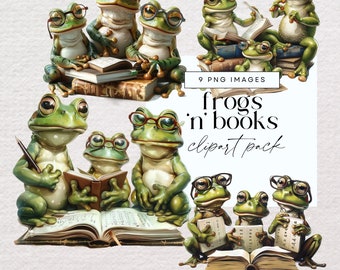 Frog and Books Clip Art Pack, Reading Clipart Bundle, Books Reading Graphics, Bookish PNG, Bookworm Transparent PNG, Book Lovers Images