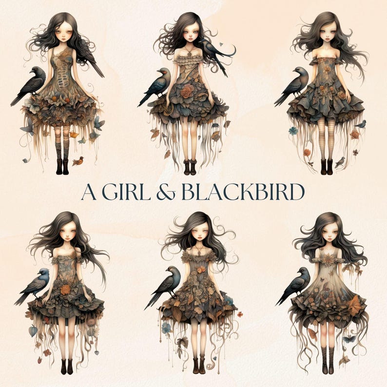 Goth Girl Clipart PNG, Gothic Watercolor Paper Dolls, Junk Journal Blackbird Characters, Raven Fairytale Art Graphics, Dark Fantasy Clip Art image 3