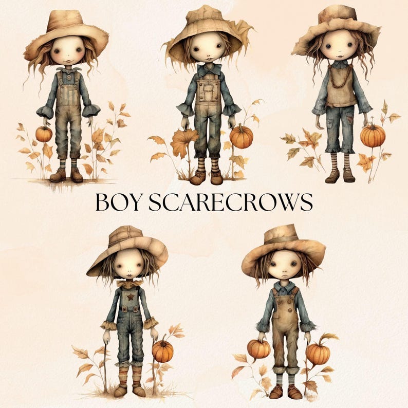 Clipart Scarecrow Boys, transparante PNG, Fall Field Dolls-illustraties, aquarel herfstillustraties, Thanksgiving Junk Journal-afbeeldingen afbeelding 2