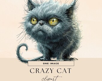 Crazy Cat Clipart, Transparent PNG, Cute Kitten Clip Art, Grey Quirky Cat Lovers Illustration, Funny Animal Junk Journal, Pet Party Invite