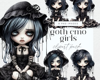 Clipart di ragazza gotica, PNG trasparenti, bambole di carta emo acquerellate, personaggi di Halloween di Junk Journal, arte fiabesca, clipart fantasy dark