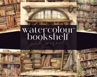 Watercolour Bookshelf Junk Journal, Vintage Library Pages, DOWNLOAD, Book Nook Scrapbooking Papers, Reading Ephemera, Bookcase Illustrations