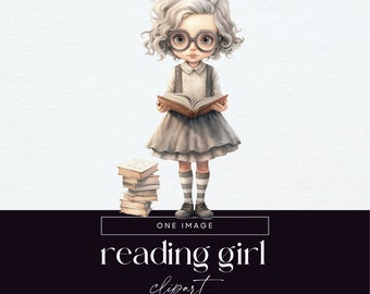 Book Pile Girl Clipart, Library Book Stack, Transparent PNGs, Reading Illustrations, Junk Journal Library Graphics, Vintage Book Stack