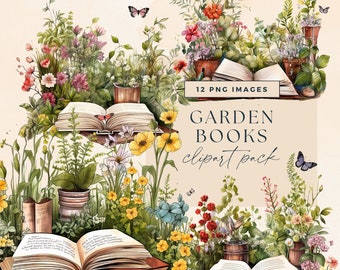 Garden Book Clipart Pack, Open Books Clip Art, Botanical Reading Graphics, Spring Flower Junk Journal Illustrations, Floral Garden Scrapbook