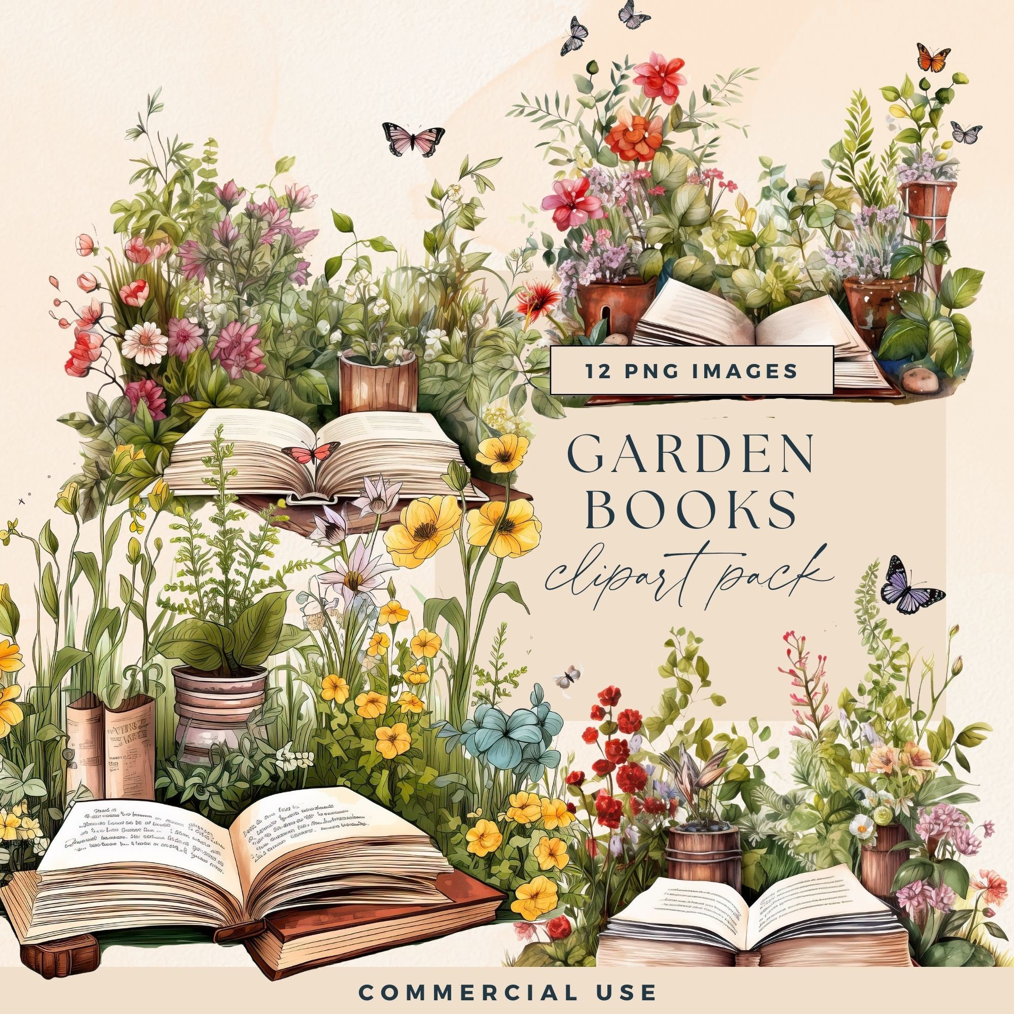 Garden Book Clipart Pack, Open Books Clip Art, Botanical Reading ...
