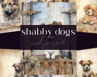 Shabby Dog Junk Journal Kit, Puppy Scrapbooking Paper, Digital Download, Vintage Puppies Pages, Cute Pet Ephemera, Adorable Animal Backdrops