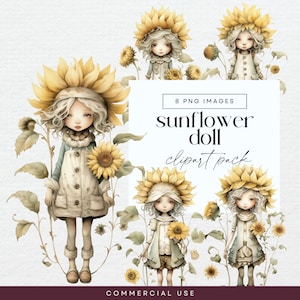 Clipart de boneca de girassol, PNG transparente, pacote de clipart de menina flor do sol, diário de lixo botânico, coisas efêmeras florais, ilustrações de flores brilhantes