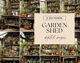 Garden Shed Digital Papers, INSTANT DOWNLOAD, Potting Bench jpg 300 dpi, Letter Size, Printable Gardening Junk Journal, Indoor Gardener