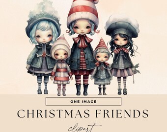 Christmas Friends Clipart, Xmas Bestie Clip Art, Transparent PNGs, Winter Holidays Illustrations, Seasonal Best Carolers, Sisters Graphics