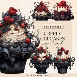 Imágenes prediseñadas de cupcakes de cumpleaños espeluznantes, PNG transparente, invitaciones a fiestas góticas, ilustraciones de menú de postres, gráficos de panadería, celebraciones góticas
