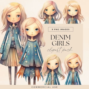 Pacote de clipart de menina de outono, transparente, ilustração de meninas de outono de jeans, arte de clipe de boneca de moda, meninas bonitas, personagem aconchegante e quente, diário de lixo