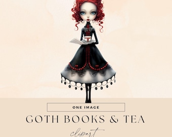 Gothic Book and Tea Clipart, Transparent PNGs, Goth Librarian, Book Club Illustrations, Dark Academia Junk Journal Graphics, Vintage Library