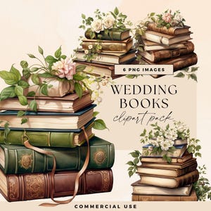 Pila de libros, invitación para despedida de soltera, lectura botánica, ilustración de Next Chapter, gráficos florales, pila de libros con flores