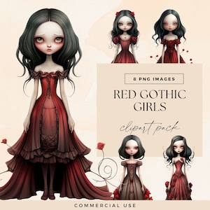 Red Gothic Girl Clipart PNG, Watercolor Fashion Paper Dolls, Junk Journal Goth Characters, Dark Fairytale Art Graphics, Fantasy Clip Art