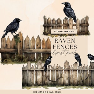 Whimsical Raven Clipart Bundle, Transparent PNG, Gothic Blackbird Art, Goth Crows on Street Fence Clip Art, Junk Journal Garend Ephemera