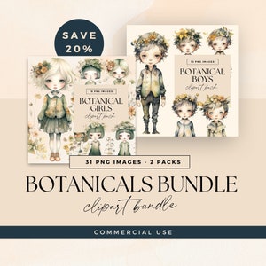 Pacchetto di clipart di bundle botanico stravagante, clipart di ragazze e ragazzi stravaganti, PNG trasparenti, bambole di carta acquerello, diario spazzatura stravagante