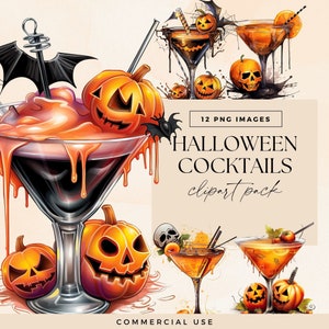 Clipart cocktail di Halloween, clipart png di cocktail, bevande inquietanti all'acquerello di zucca, illustrazione spettrale di bevande alcoliche, grafica del menu del bar