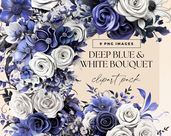 Deep Blue Flower Wedding Bouquet, Dusty Blue Floral Clip Art, Invitation Graphics, Transparent PNGs, Watercolour Baby Shower Illustrations