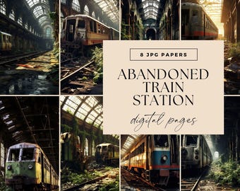 Documentos digitais de estação de trem abandonada, DOWNLOAD INSTANTÂNEO, Grunge tamanho carta, Trilhos de trem antigos cobertos de vegetação, Fundo rústico, Cena grunge