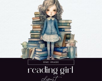 Book Pile Girl Clipart, Library Book Stack, Transparent PNGs, Reading Illustrations, Junk Journal Library Graphics, Vintage Book Stack