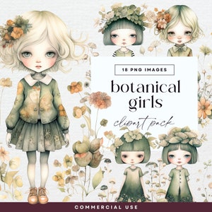 Whimsical Botanical Girls Clip Art Clipart Pack, Clipart per uso commerciale, PNG trasparenti, Bambole di carta acquerello, Junk Journal Whimsy