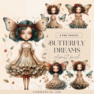 Wunderliche Schmetterlings-Mädchen-Clipart-Pack, niedliche schrulligen Papierpuppe PNGs, Fantasy Junk Journal, magischer Garten, märchenhafte Ephemera Illustration