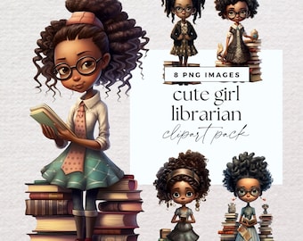Black Girl Book Lover Clipart, Librarian Book Pile Clip Art, Transparent PNG, Bookish Junk Journal, Reading Graphics, Cute Girl Illustration