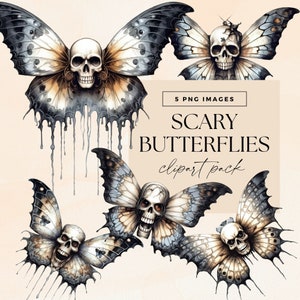 Pack de cliparts papillons effrayants, PNG transparents, papillon d'Halloween, clipart têtes de mort, Images d'horreur, carnet de notes de papillons, lot d'insectes