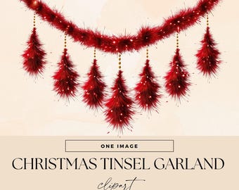 Christmas Tinsel Clipart, Transparent PNGs, Red Festive Garland Clip Art, Seasonal Decorations Illustration, Xmas Holiday Deco Graphics