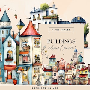Quirky Buildings Clipart Pack, Transparentne PNG, Fantazyjny Krajobraz Ulicy, Zabawne Domy Clipart, Ilustracje Scen Miejskich, Grafiki Junk Journal