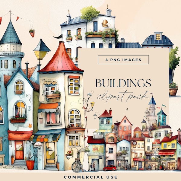 Quirky Buildings Clipart Pack, Transparent PNGs, Whimsical Streetscape, Fun Houses Clip Art, City Scene Illustrations, Junk Journal Graphics