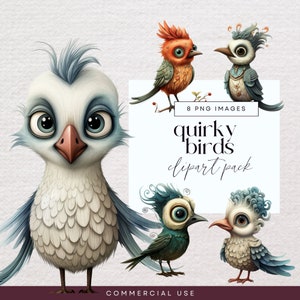 Quirky Bird Clip Art, Transparent PNG, Funny Bird Clip Art, Junk Journal Birds, Whimsical Garden Ephemera, Funny Animal Illustrations