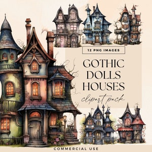 Pack de clipart maison de poupée gothique, maison de poupée d'Halloween, clipart de manoir victorien en bois, Illustrations de maison hantée vintage, PNG transparents