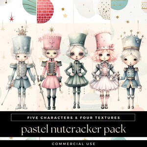 Pastel Christmas Nutcracker Clipart and Texture Pack, Cute Winter Clip Art Illustrations, Paper Doll PNG, Xmas Ballet Junk Journal Graphics