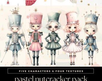 Pastel Christmas Nutcracker Clipart and Texture Pack, Cute Winter Clip Art Illustrations, Paper Doll PNG, Xmas Ballet Junk Journal Graphics