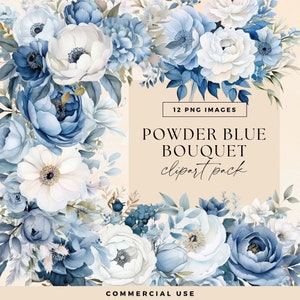 Powder Blue Flower Wedding Bouquet, Dusty Blue Floral Clip Art, Invitation Graphics, Transparent PNGs, Watercolour Baby Shower Illustrations