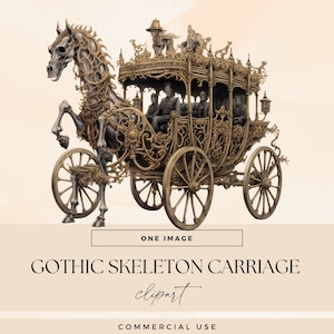 Clipart di carrozza di scheletro gotico, clipart di cavallo stregato, PNG trasparenti, illustrazioni di Steampunk horror, effimeri del diario spazzatura di Halloween