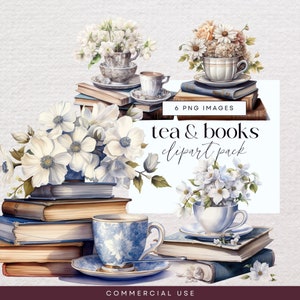 Imágenes prediseñadas de té y libros, imágenes prediseñadas de lectura, ilustraciones de invitación al siguiente capítulo, diario basura de libros vintage, efímera de jardín de primavera, club de lectura