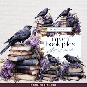 Rabe Gothic Bücherstapel Clipart Bundle, transparente PNG, Bücherstapel Clip Art, Junk Journal lesen, Bücherwurm, Buchliebhaber Geschenk, Goth Bibliothek