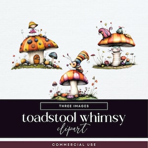 Clipart jardin lunatique, clipart champignon vénéneux original, PNG, illustration fantastique de fleurs, éphémères doux, graphiques de scrapbooking maison de fée