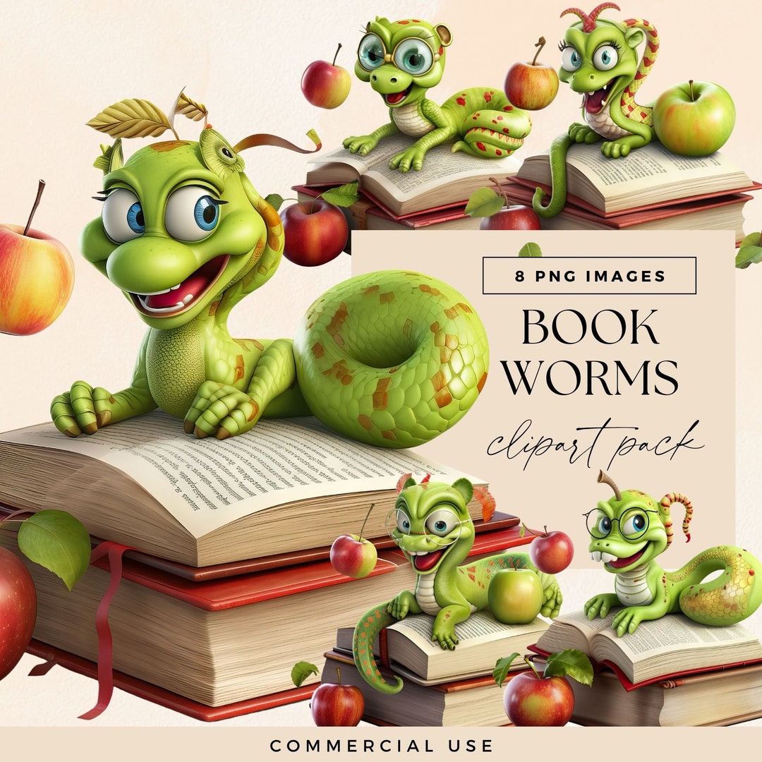 Bookworm Clip Art Pack, Reading Clipart Bundle, Books Reading Graphics