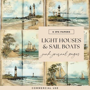 Beach Junk Journal Kit, Digital Ocean Sailboat Paper, Scrapbooking Seaside Lighthouse Pages, Vintage Sea, Printable Nautical Summer Backdrop