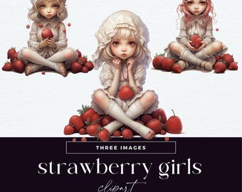 Strawberry Girl clipart, transparante png, schattig mode meisje, botanische karakter illustraties, illustratie sprookjespop, vintage junk Journal