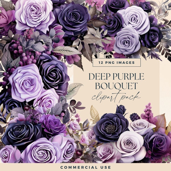 Flower Bouquet Deep Purple Clipart, Transparent PNGs, Roses Wedding Bouquet Illustrations, Watercolour Dark Moody Gothic Floral Clip Art